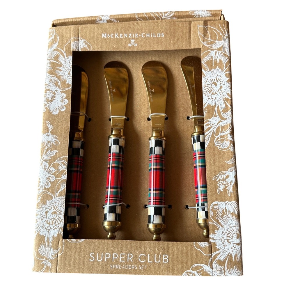 MacKenzie-Childs Supper Club Spreaders Set Tartastic Plaid Courtly Check 4pc NEW